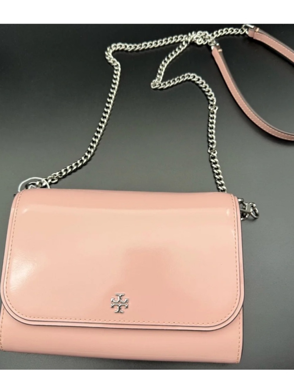 NWT Tory Burch Emerson Patent Chain Crossbody Wallet purse Pink